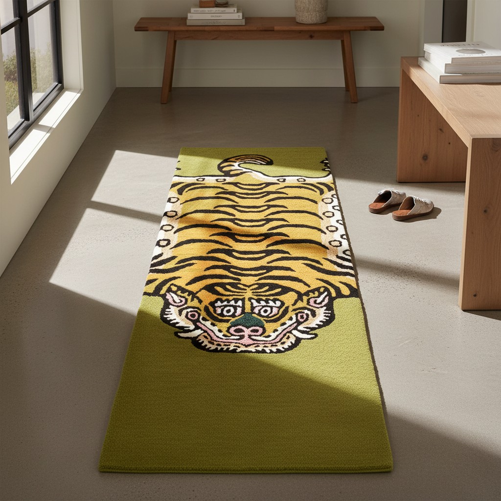 Tibetan Tiger Rectangle Green Runner Hand Tufted Rug