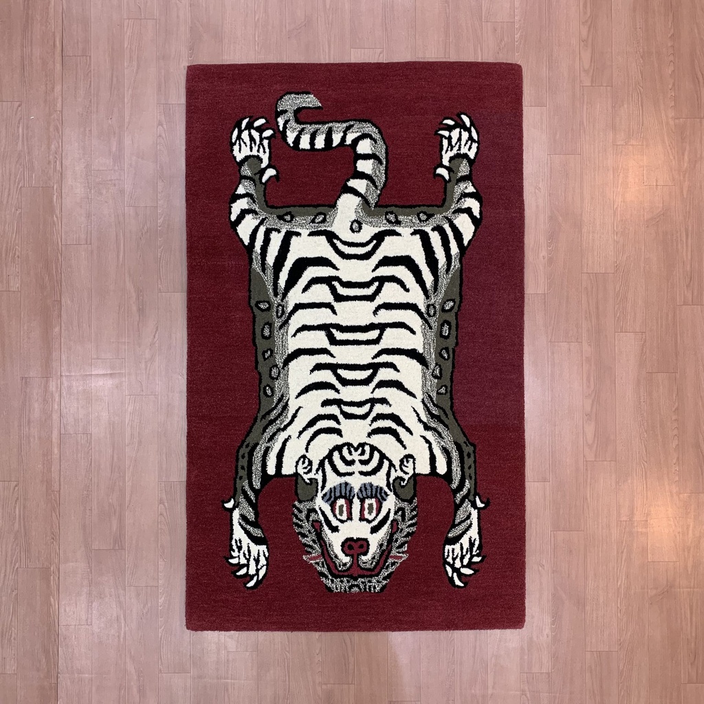 Tibetan Tiger Rectangle Marroon White Hand Tufted Rug