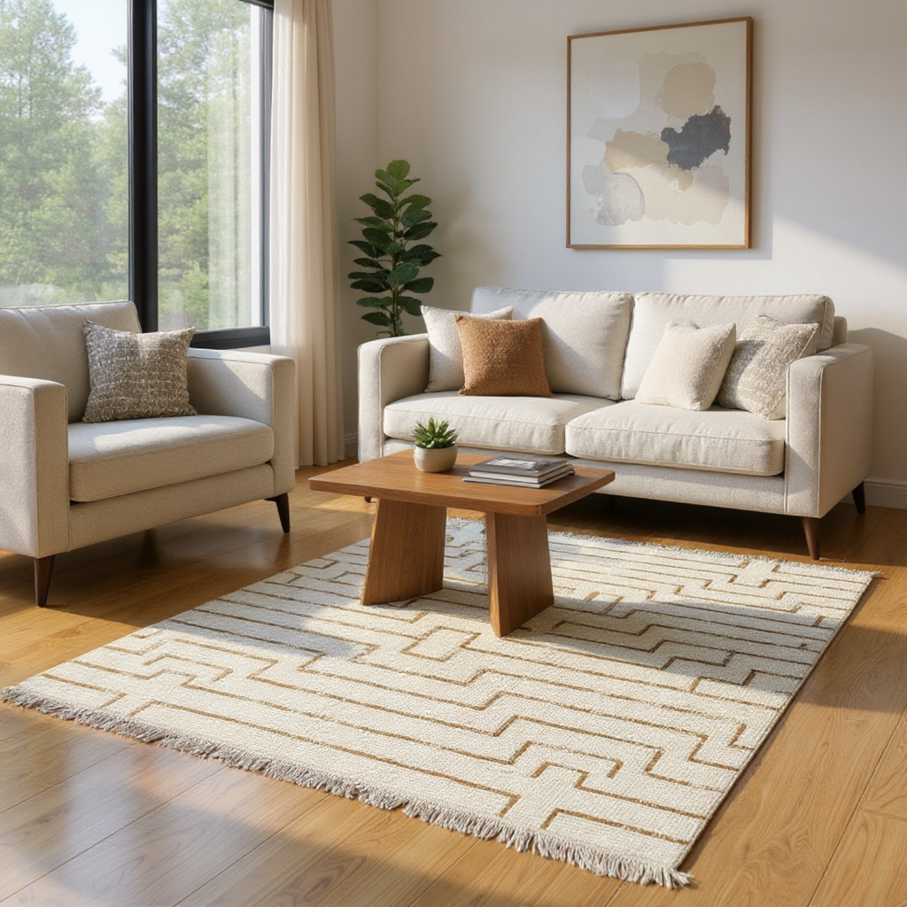 Ivory and Brown Geometric Maze 25 KPSI Hand Knotted