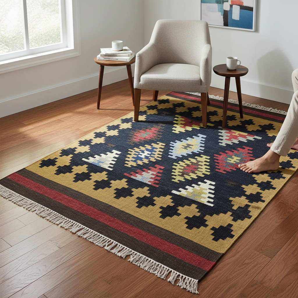 Multicolor Geometric Tribal Flatweave Wool Area Rug Durrie