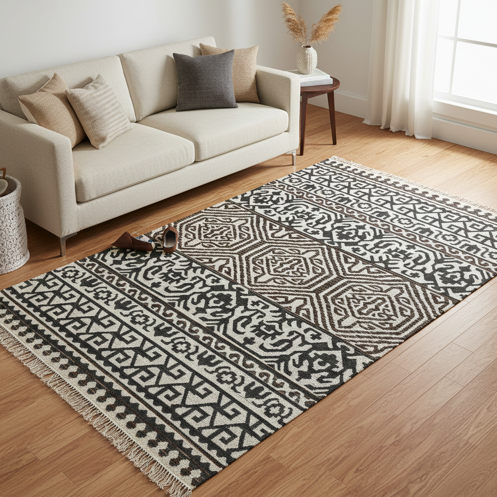 Black and White Geometric Tribal Flatweave Wool Area Rug Durrie