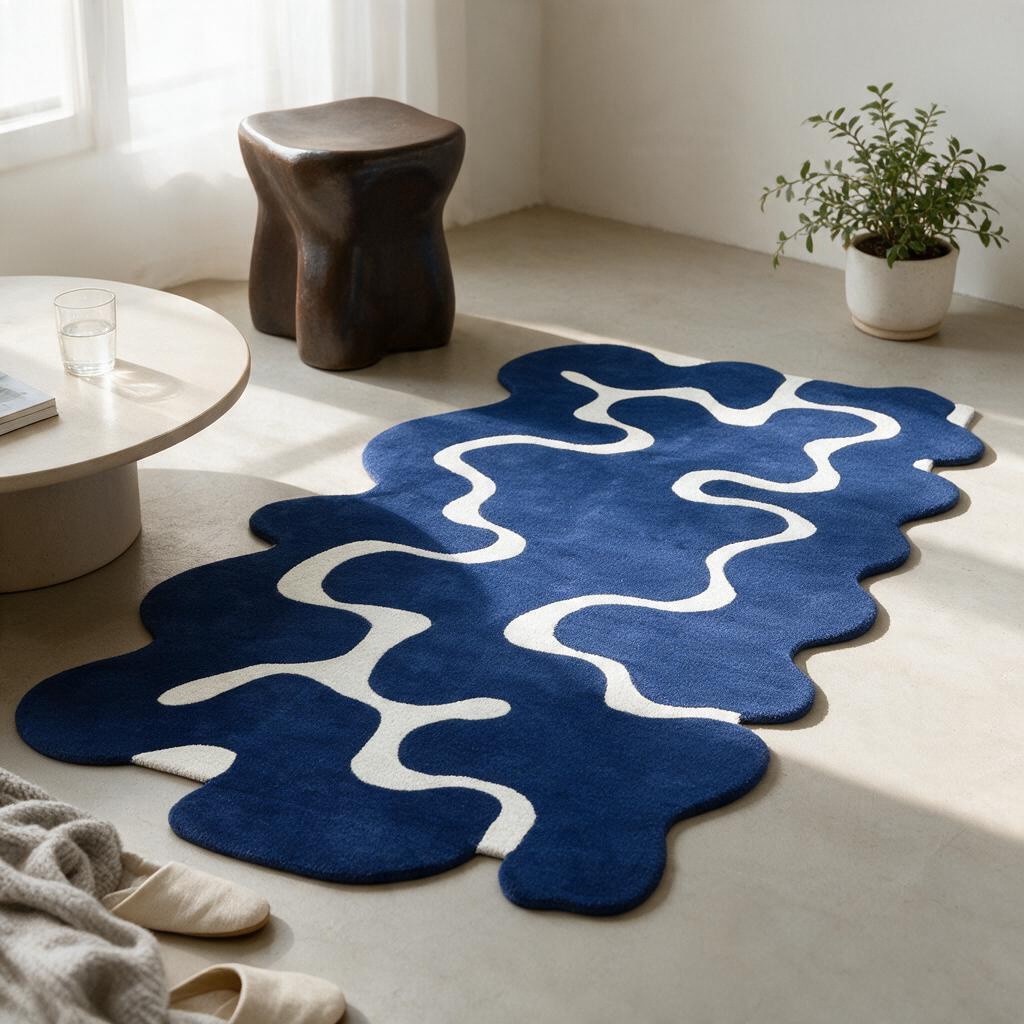 Abstract Blue White Hand Tufted Rug 5x8 ft
